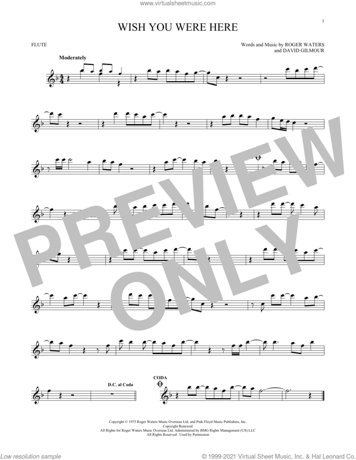 Wish You Were Here sheet music for flute solo by Pink Floyd, David Gilmour and Roger Waters, intermediate skill level