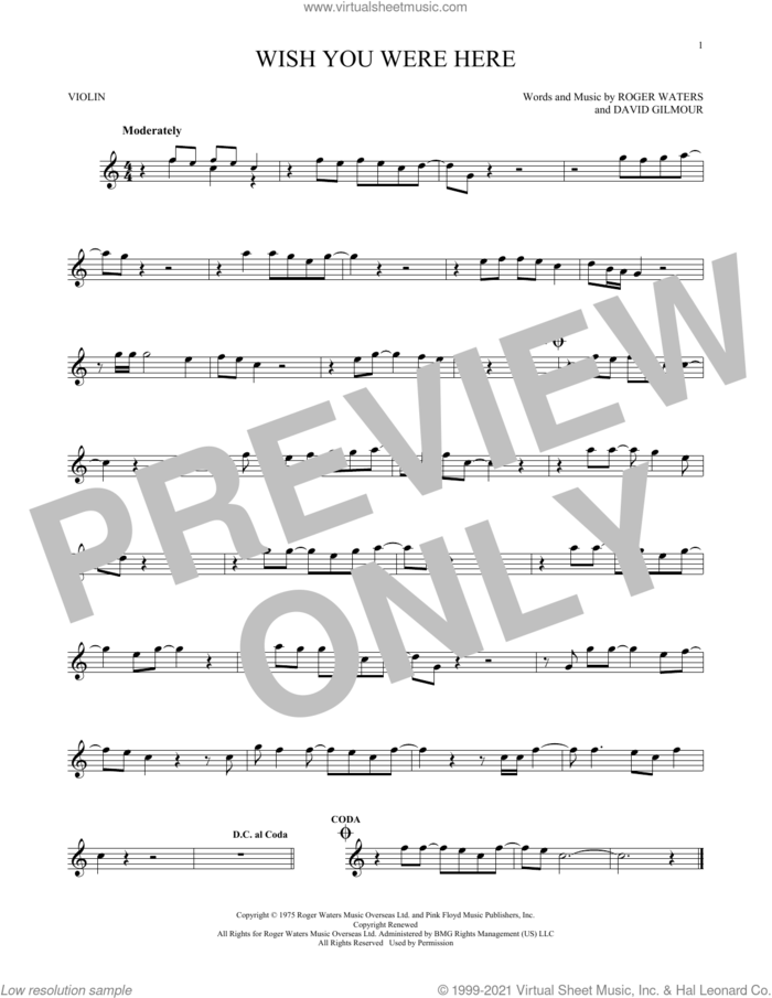 Wish You Were Here sheet music for violin solo by Pink Floyd, David Gilmour and Roger Waters, intermediate skill level
