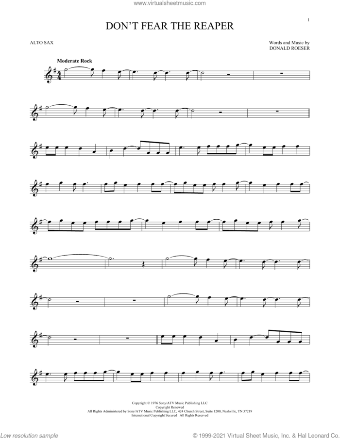 Don't Fear The Reaper sheet music for alto saxophone solo by Blue Oyster Cult and Donald Roeser, intermediate skill level