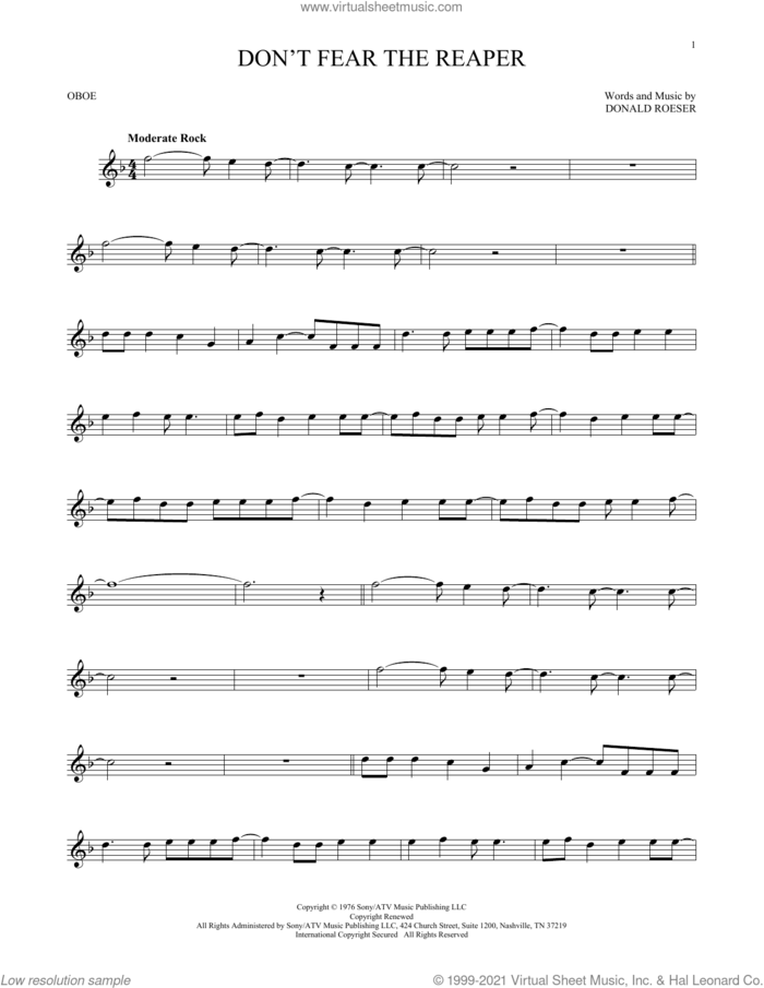 Don't Fear The Reaper sheet music for oboe solo by Blue Oyster Cult and Donald Roeser, intermediate skill level