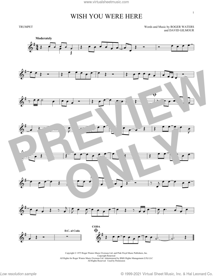 Wish You Were Here sheet music for trumpet solo by Pink Floyd, David Gilmour and Roger Waters, intermediate skill level