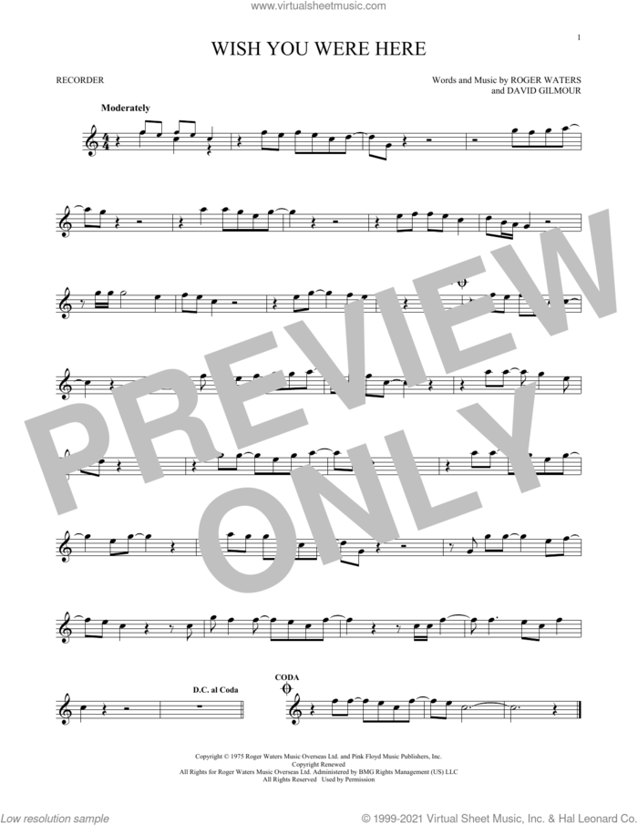 Wish You Were Here sheet music for recorder solo by Pink Floyd, David Gilmour and Roger Waters, intermediate skill level