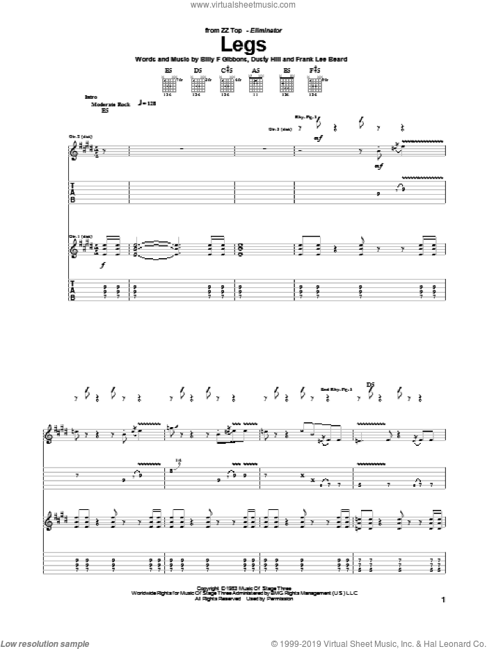Legs sheet music for guitar (tablature) by ZZ Top, Billy Gibbons, Dusty Hill and Frank Beard, intermediate skill level