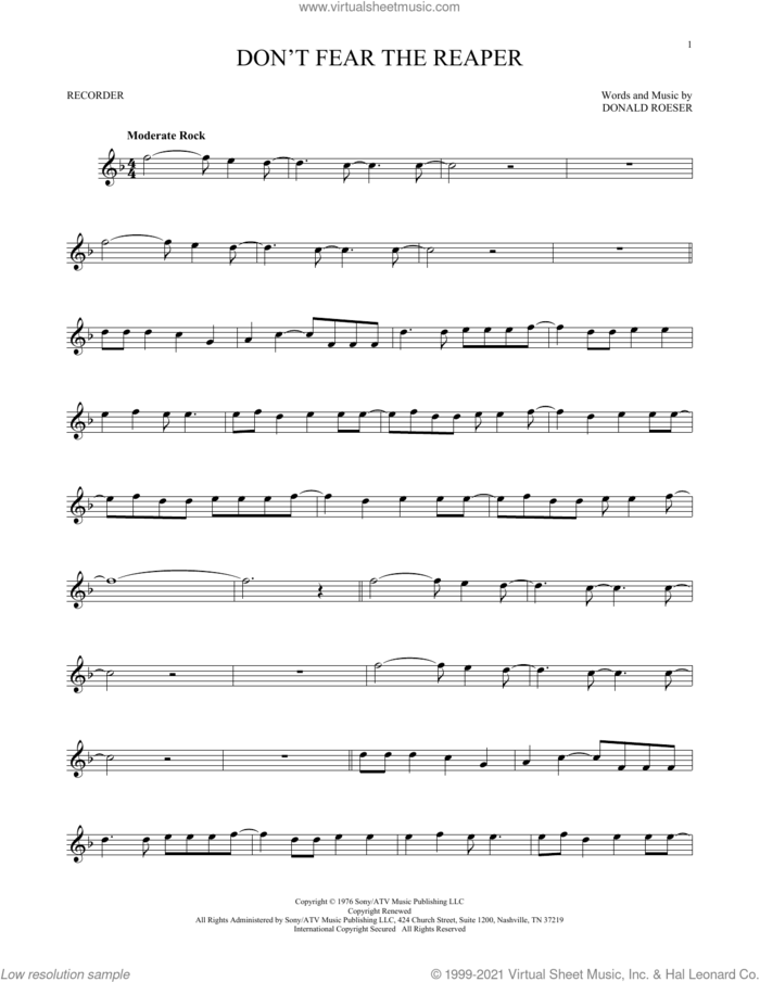 Don't Fear The Reaper sheet music for recorder solo by Blue Oyster Cult and Donald Roeser, intermediate skill level