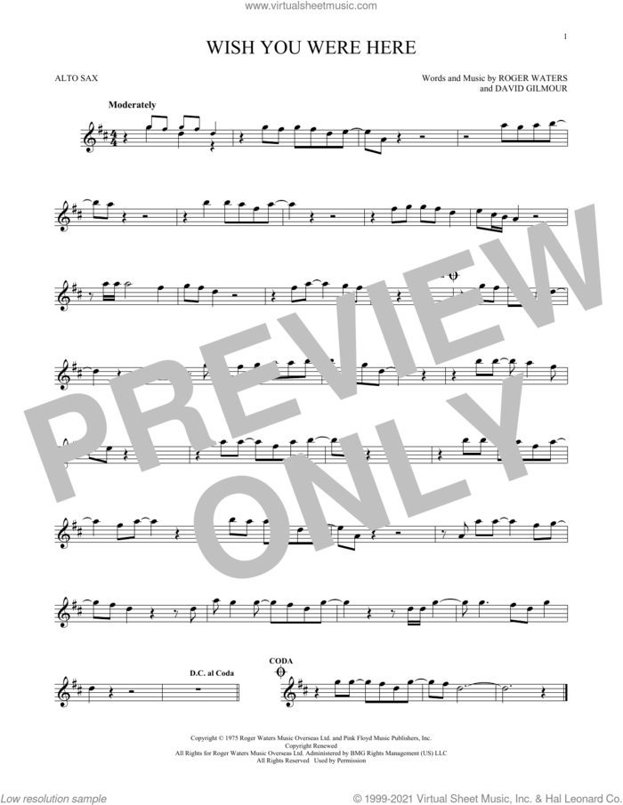 Wish You Were Here sheet music for alto saxophone solo by Pink Floyd, David Gilmour and Roger Waters, intermediate skill level