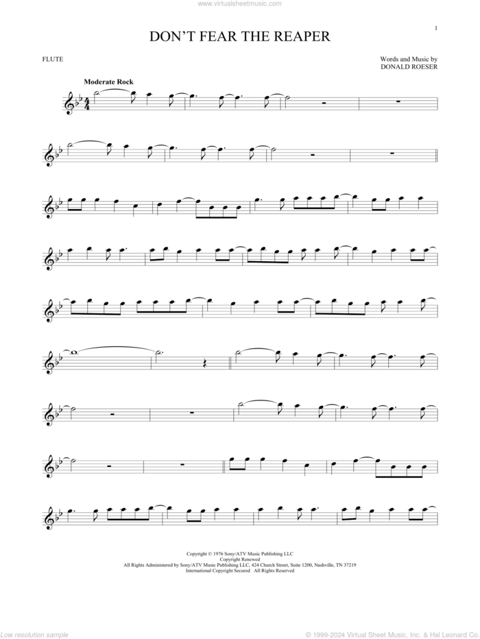 Don't Fear The Reaper sheet music for flute solo by Blue Oyster Cult and Donald Roeser, intermediate skill level