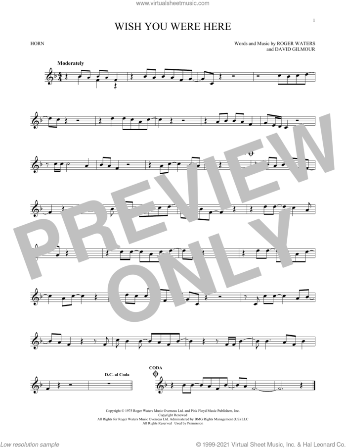 Wish You Were Here sheet music for horn solo by Pink Floyd, David Gilmour and Roger Waters, intermediate skill level