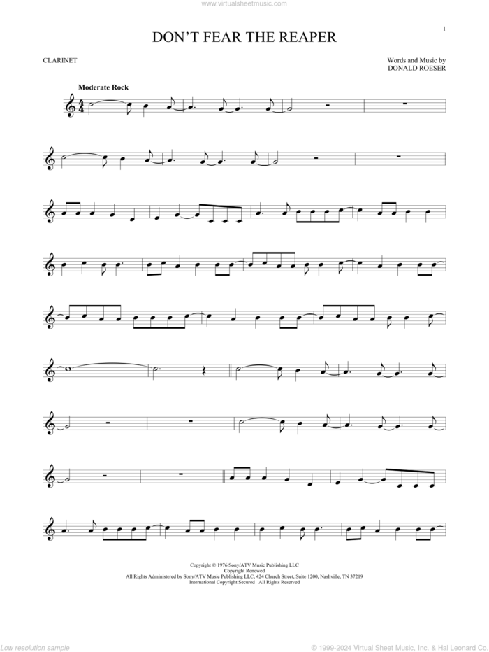 Don't Fear The Reaper sheet music for clarinet solo by Blue Oyster Cult and Donald Roeser, intermediate skill level