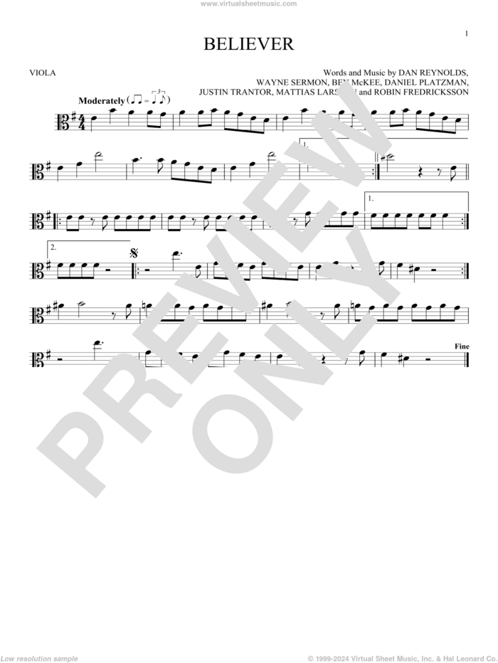 Believer sheet music for viola solo by Imagine Dragons, Ben McKee, Dan Reynolds, Daniel Platzman, Justin Tranter, Mattias Larsson, Robin Fredriksson and Wayne Sermon, intermediate skill level