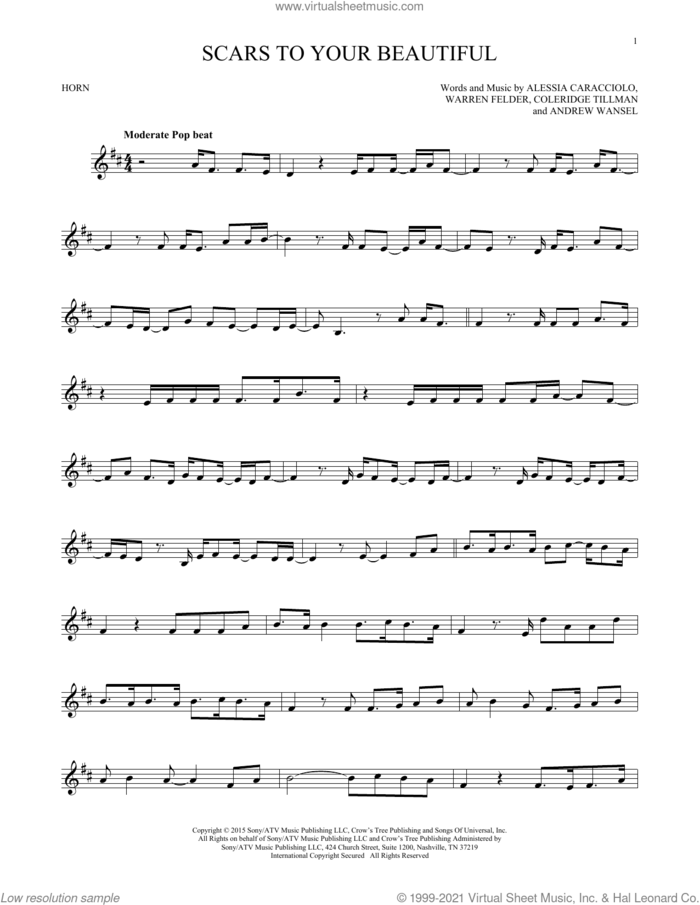 Scars To Your Beautiful sheet music for horn solo by Alessia Cara, Alessia Caracciolo, Andrew Wansel, Coleridge Tillman and Warren Felder, intermediate skill level