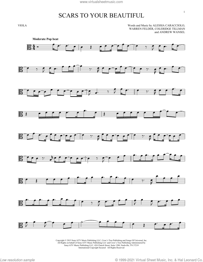 Scars To Your Beautiful sheet music for viola solo by Alessia Cara, Alessia Caracciolo, Andrew Wansel, Coleridge Tillman and Warren Felder, intermediate skill level