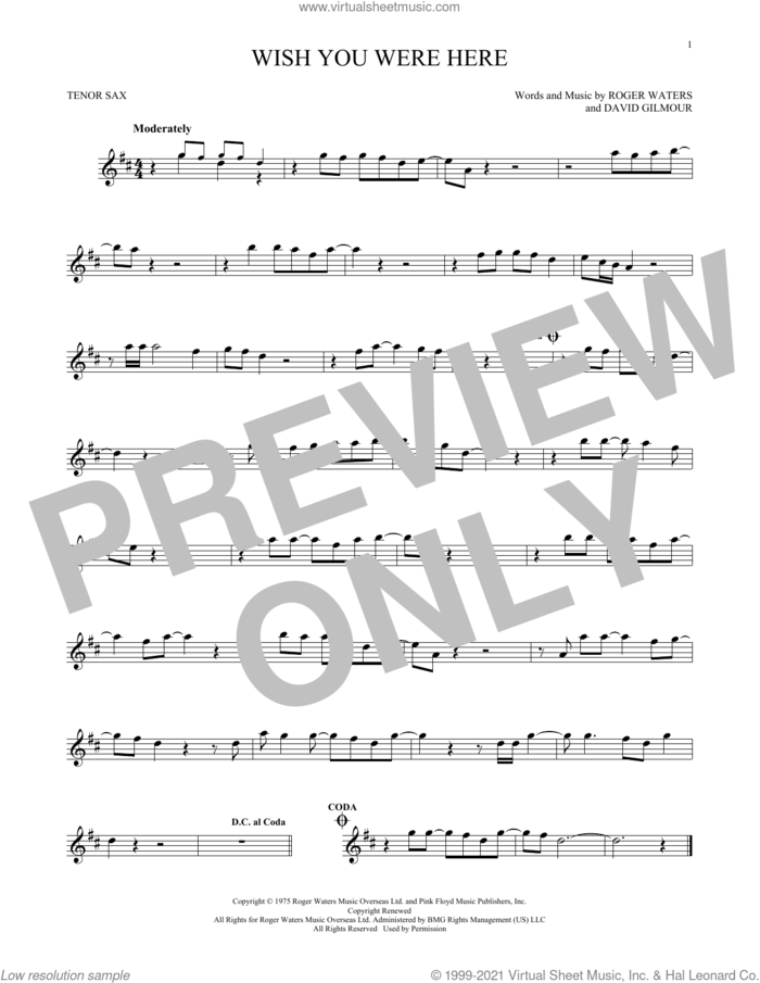 Wish You Were Here sheet music for tenor saxophone solo by Pink Floyd, David Gilmour and Roger Waters, intermediate skill level