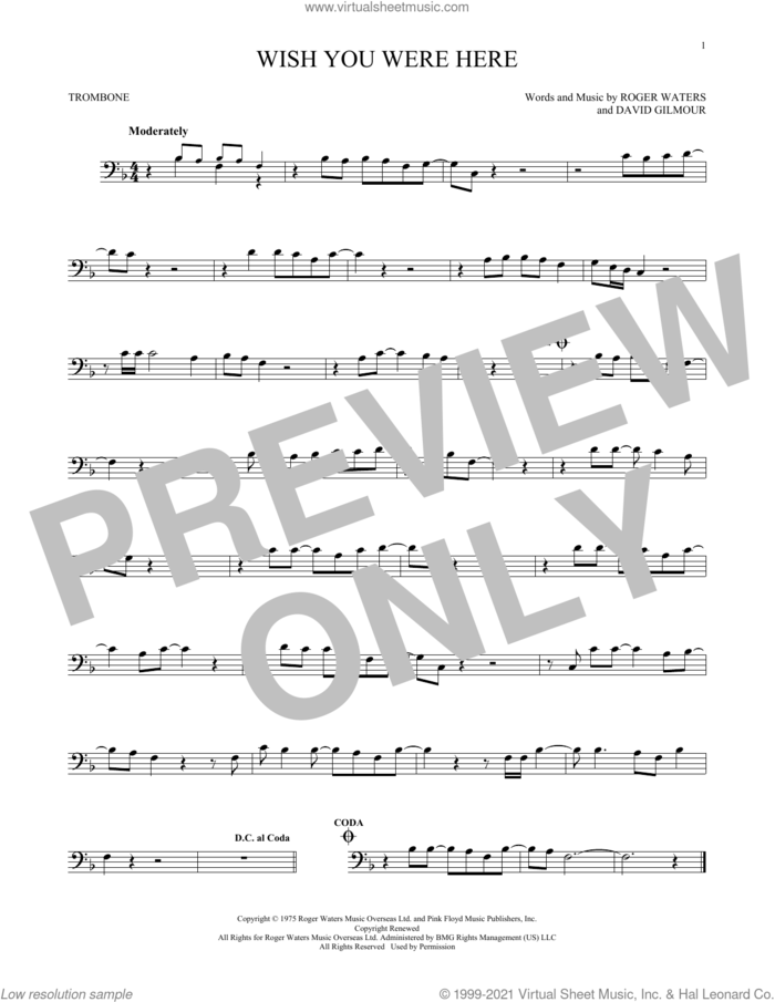 Wish You Were Here sheet music for trombone solo by Pink Floyd, David Gilmour and Roger Waters, intermediate skill level