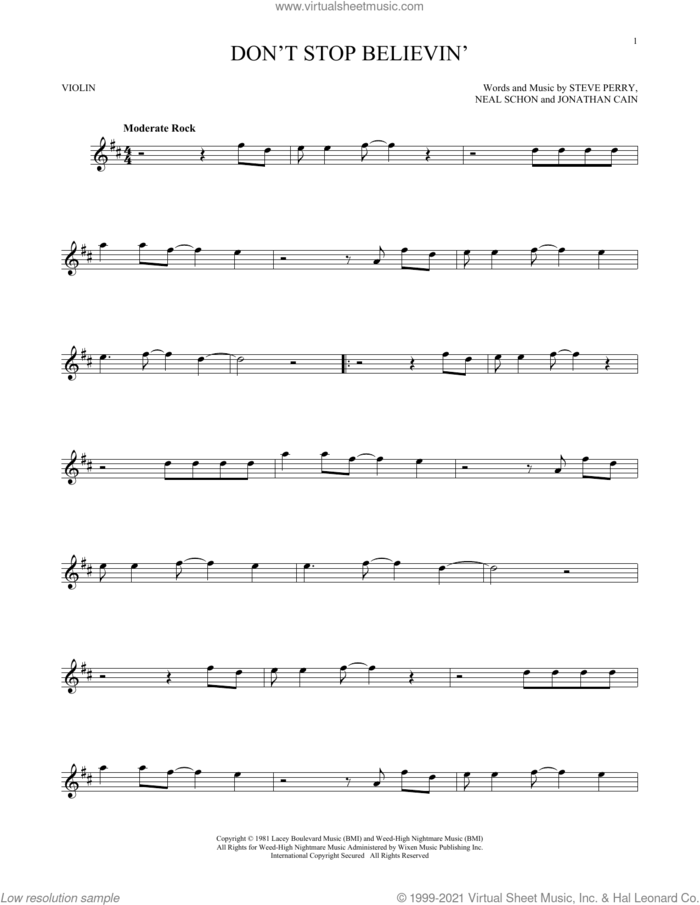 Don't Stop Believin' sheet music for violin solo by Journey, Jonathan Cain, Neal Schon and Steve Perry, intermediate skill level