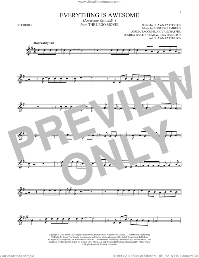 Everything Is Awesome (from The Lego Movie) (feat. The Lonely Island) sheet music for recorder solo by Tegan and Sara, Akiva Schaffer, Andrew Samberg, Jorma Taccone, Joshua Bartholomew, Lisa Harriton and Shawn Patterson, intermediate skill level