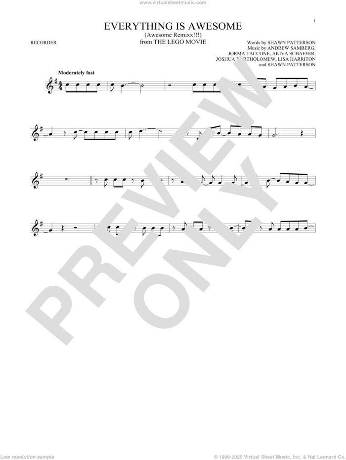 Everything Is Awesome (from The Lego Movie) (feat. The Lonely Island) sheet music for recorder solo by Tegan and Sara, Akiva Schaffer, Andrew Samberg, Jorma Taccone, Joshua Bartholomew, Lisa Harriton and Shawn Patterson, intermediate skill level