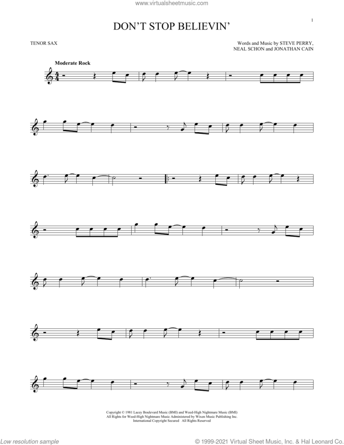 Don't Stop Believin' sheet music for tenor saxophone solo by Journey, Jonathan Cain, Neal Schon and Steve Perry, intermediate skill level