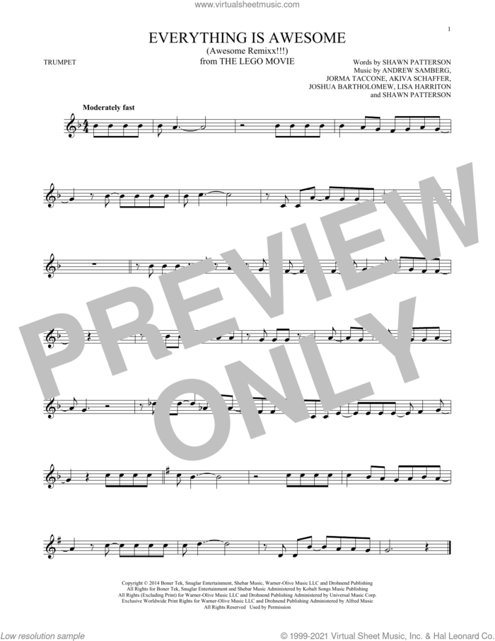 Everything Is Awesome (from The Lego Movie) (feat. The Lonely Island) sheet music for trumpet solo by Tegan and Sara, Akiva Schaffer, Andrew Samberg, Jorma Taccone, Joshua Bartholomew, Lisa Harriton and Shawn Patterson, intermediate skill level