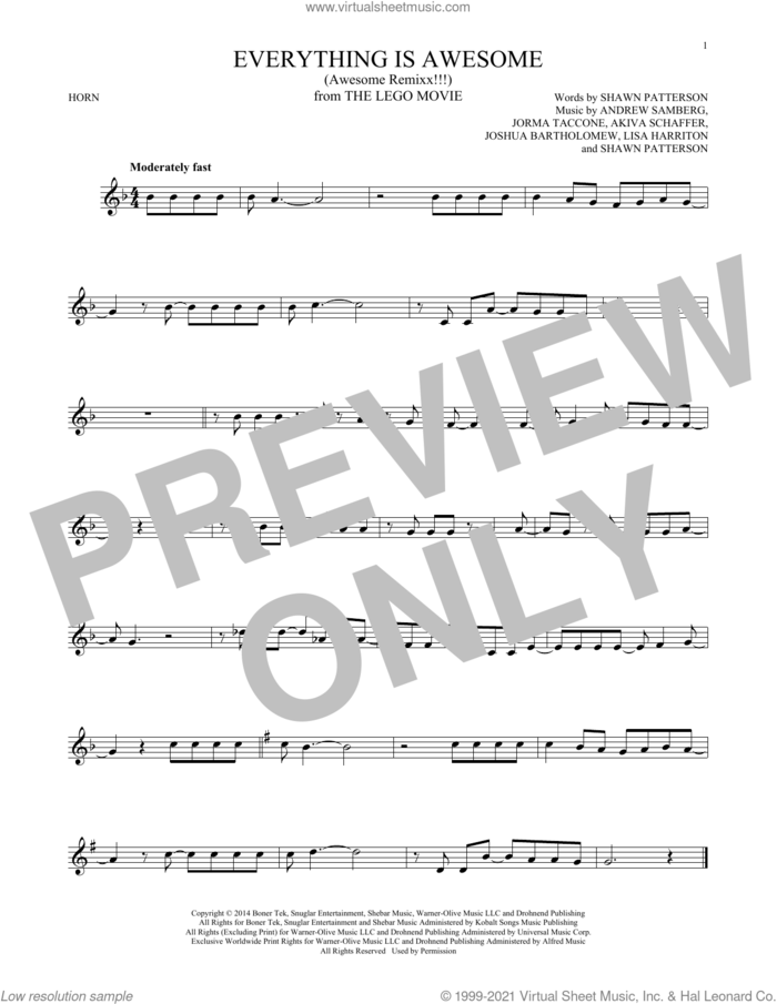 Everything Is Awesome (from The Lego Movie) (feat. The Lonely Island) sheet music for horn solo by Tegan and Sara, Akiva Schaffer, Andrew Samberg, Jorma Taccone, Joshua Bartholomew, Lisa Harriton and Shawn Patterson, intermediate skill level