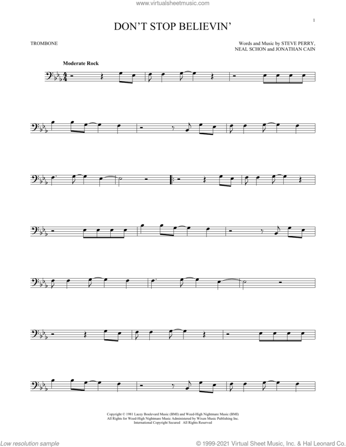 Don't Stop Believin' sheet music for trombone solo by Journey, Jonathan Cain, Neal Schon and Steve Perry, intermediate skill level