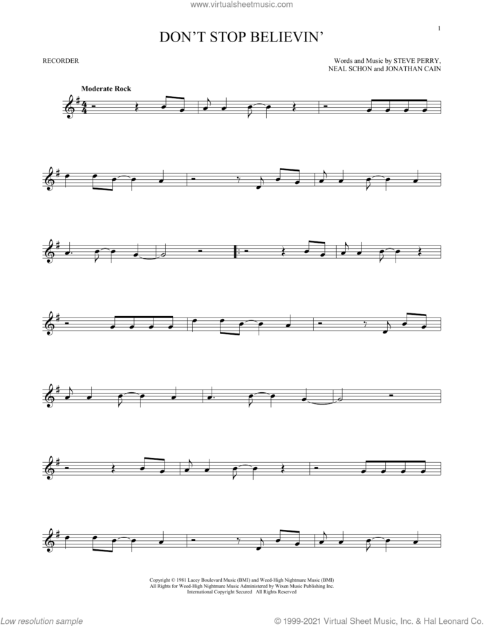Don't Stop Believin' sheet music for recorder solo by Journey, Jonathan Cain, Neal Schon and Steve Perry, intermediate skill level