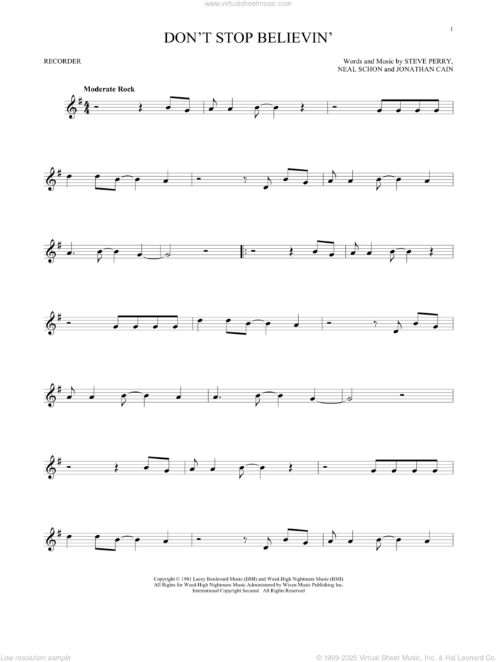 Don't Stop Believin' sheet music for recorder solo by Journey, Jonathan Cain, Neal Schon and Steve Perry, intermediate skill level