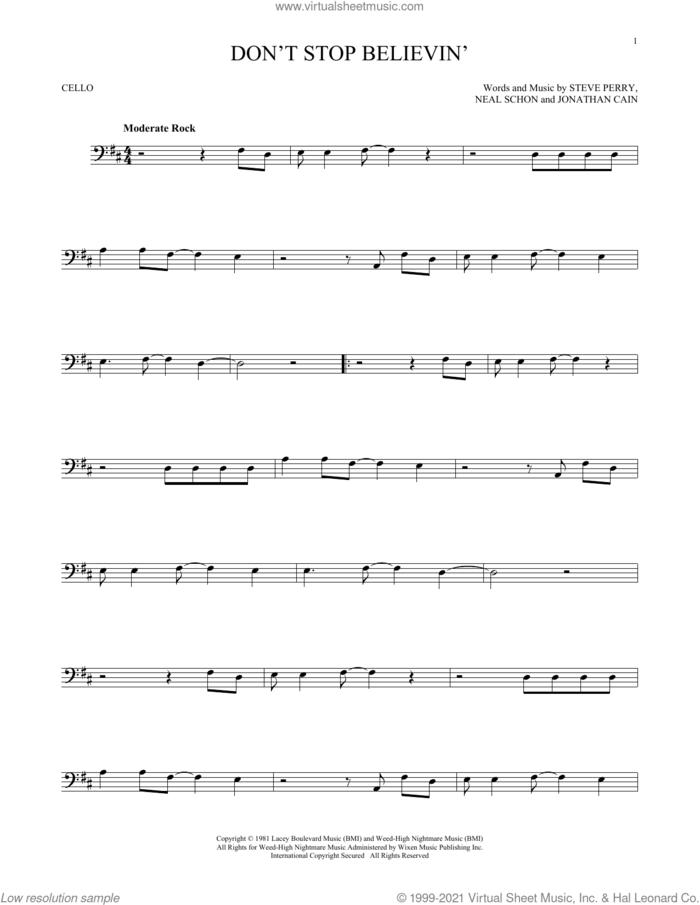 Don't Stop Believin' sheet music for cello solo by Journey, Jonathan Cain, Neal Schon and Steve Perry, intermediate skill level