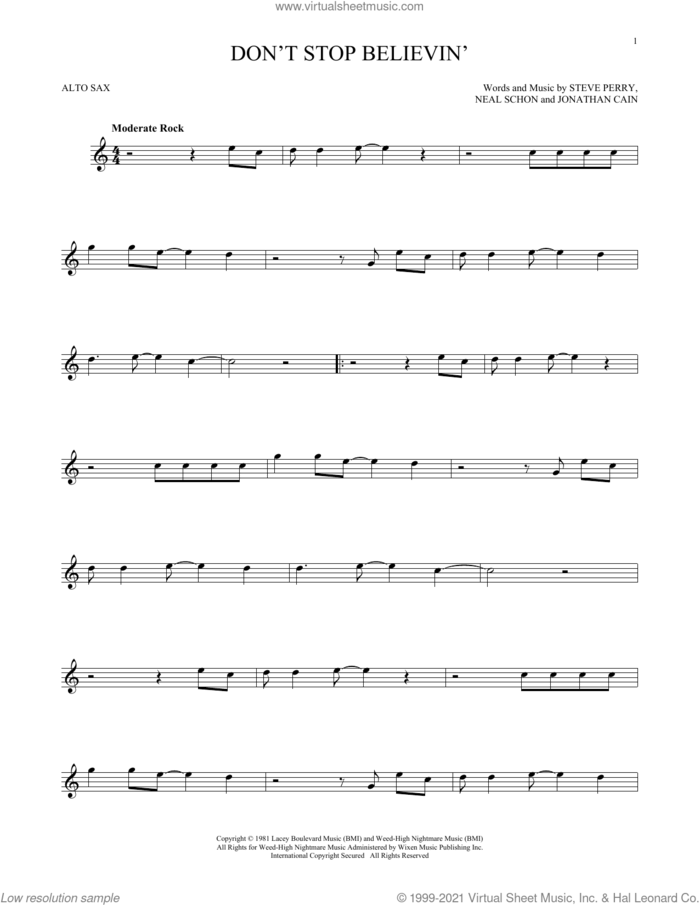 Don't Stop Believin' sheet music for alto saxophone solo by Journey, Jonathan Cain, Neal Schon and Steve Perry, intermediate skill level