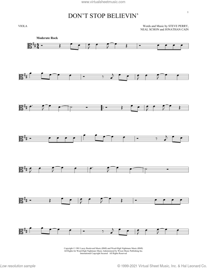 Don't Stop Believin' sheet music for viola solo by Journey, Jonathan Cain, Neal Schon and Steve Perry, intermediate skill level