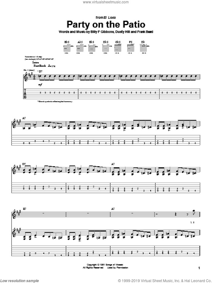 Party On The Patio sheet music for guitar (tablature) by ZZ Top, Billy Gibbons, Dusty Hill and Frank Beard, intermediate skill level