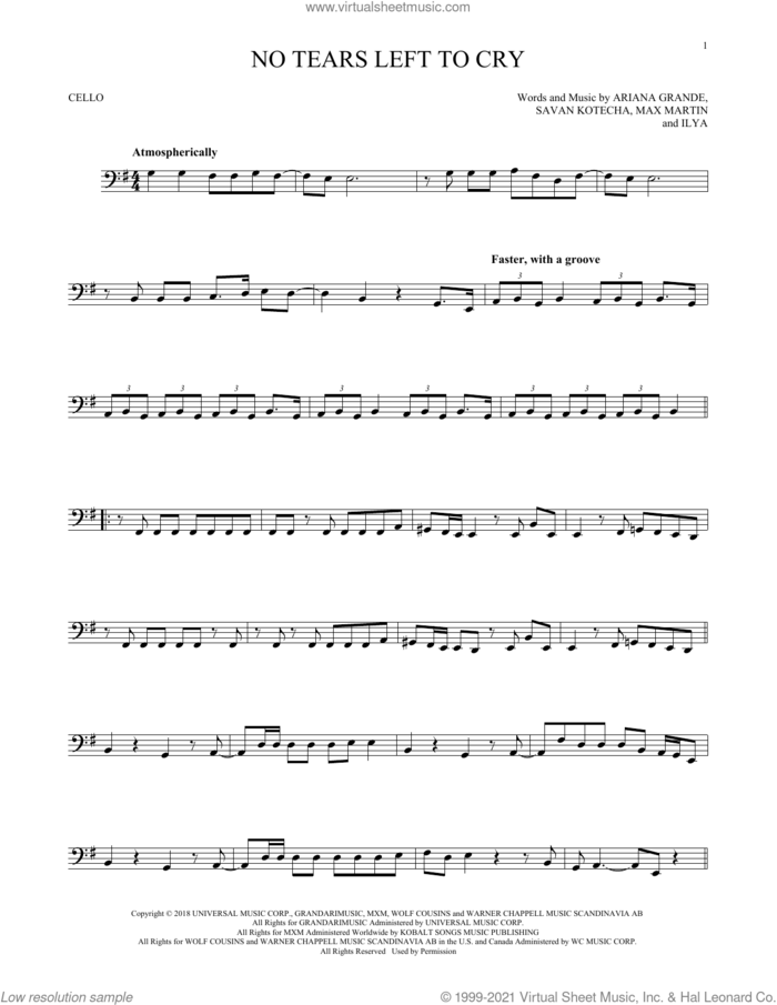 No Tears Left To Cry sheet music for cello solo by Ariana Grande, Ilya, Max Martin and Savan Kotecha, intermediate skill level