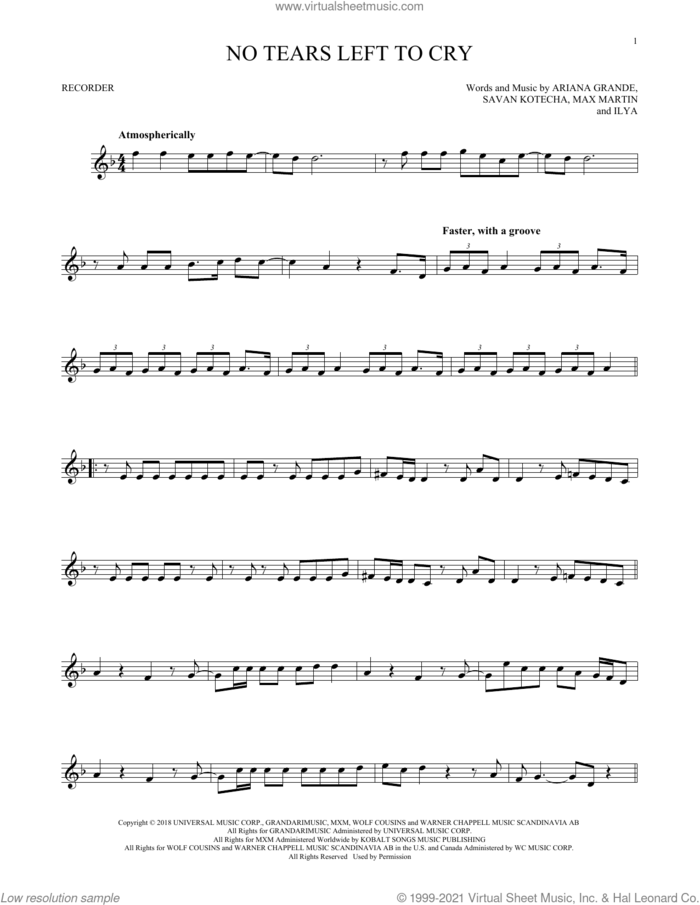 No Tears Left To Cry sheet music for recorder solo by Ariana Grande, Ilya, Max Martin and Savan Kotecha, intermediate skill level