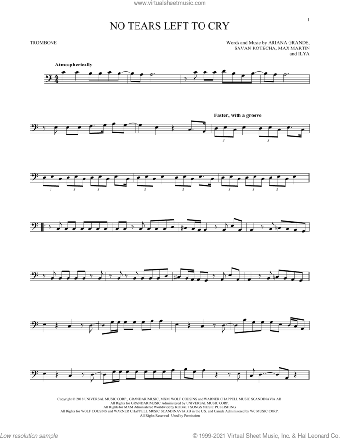 No Tears Left To Cry sheet music for trombone solo by Ariana Grande, Ilya, Max Martin and Savan Kotecha, intermediate skill level