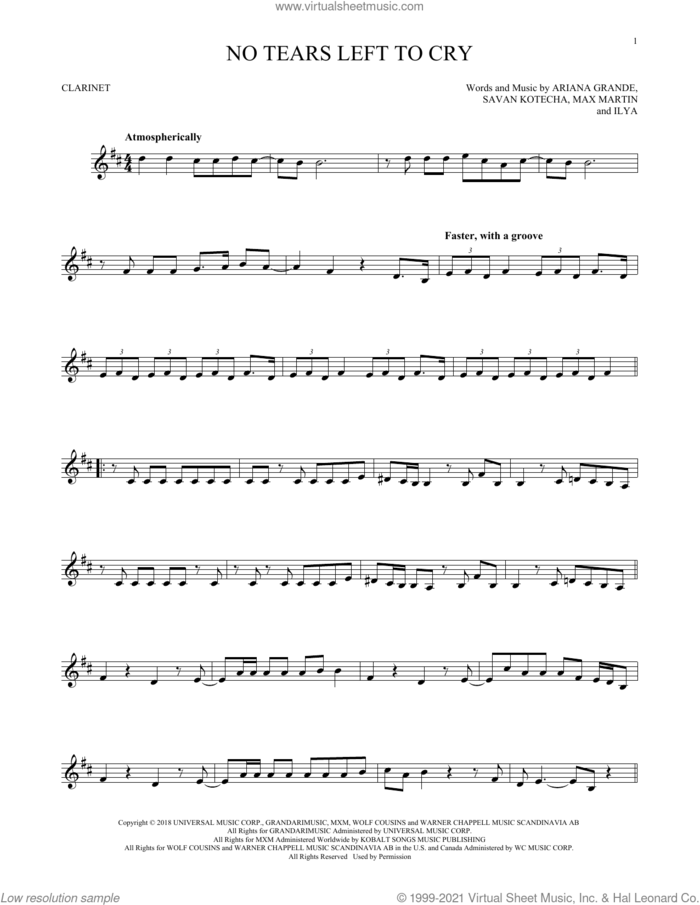 No Tears Left To Cry sheet music for clarinet solo by Ariana Grande, Ilya, Max Martin and Savan Kotecha, intermediate skill level