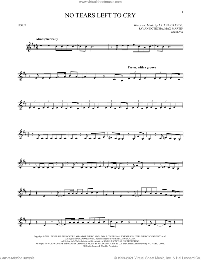No Tears Left To Cry sheet music for horn solo by Ariana Grande, Ilya, Max Martin and Savan Kotecha, intermediate skill level