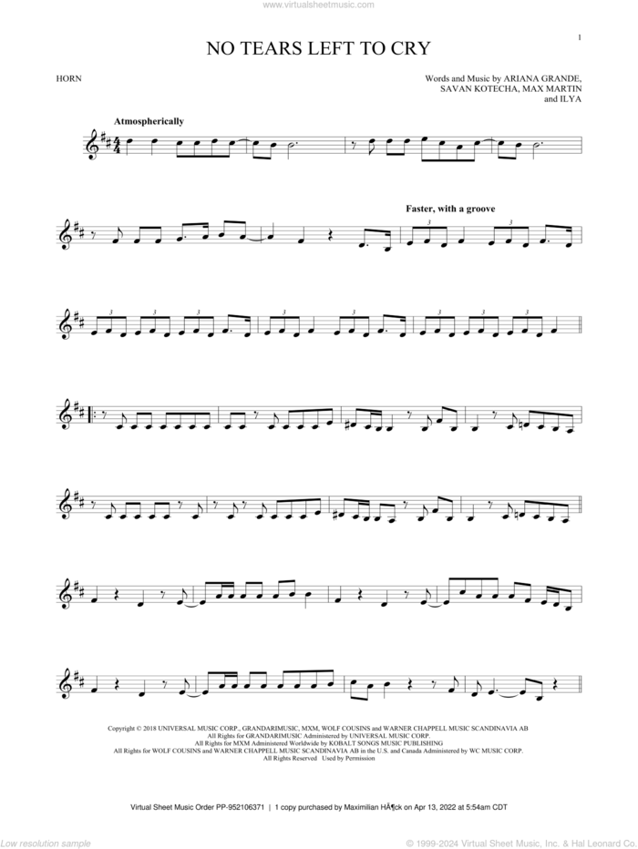 No Tears Left To Cry sheet music for horn solo by Ariana Grande, Ilya, Max Martin and Savan Kotecha, intermediate skill level