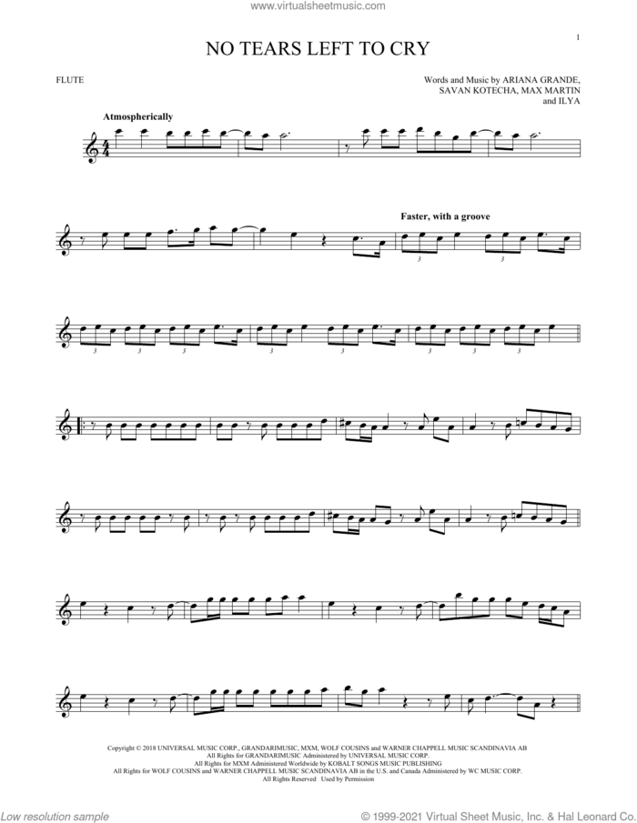 No Tears Left To Cry sheet music for flute solo by Ariana Grande, Ilya, Max Martin and Savan Kotecha, intermediate skill level