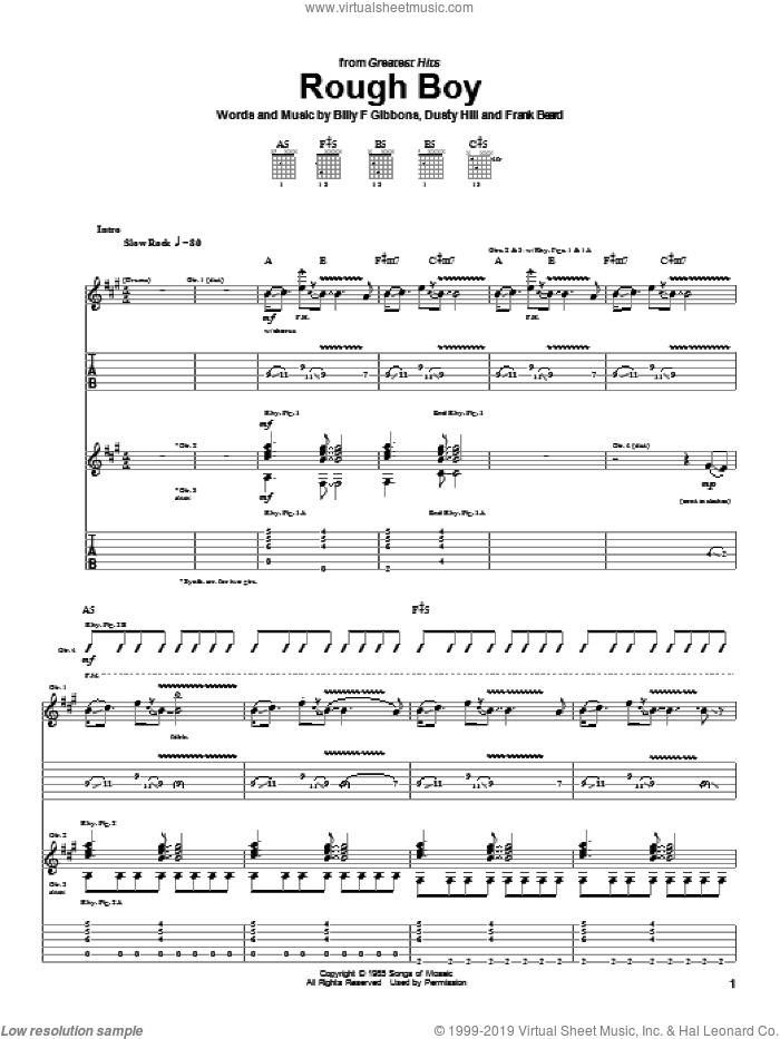 Rough Boy sheet music for guitar (tablature) by ZZ Top, Billy Gibbons, Dusty Hill and Frank Beard, intermediate skill level