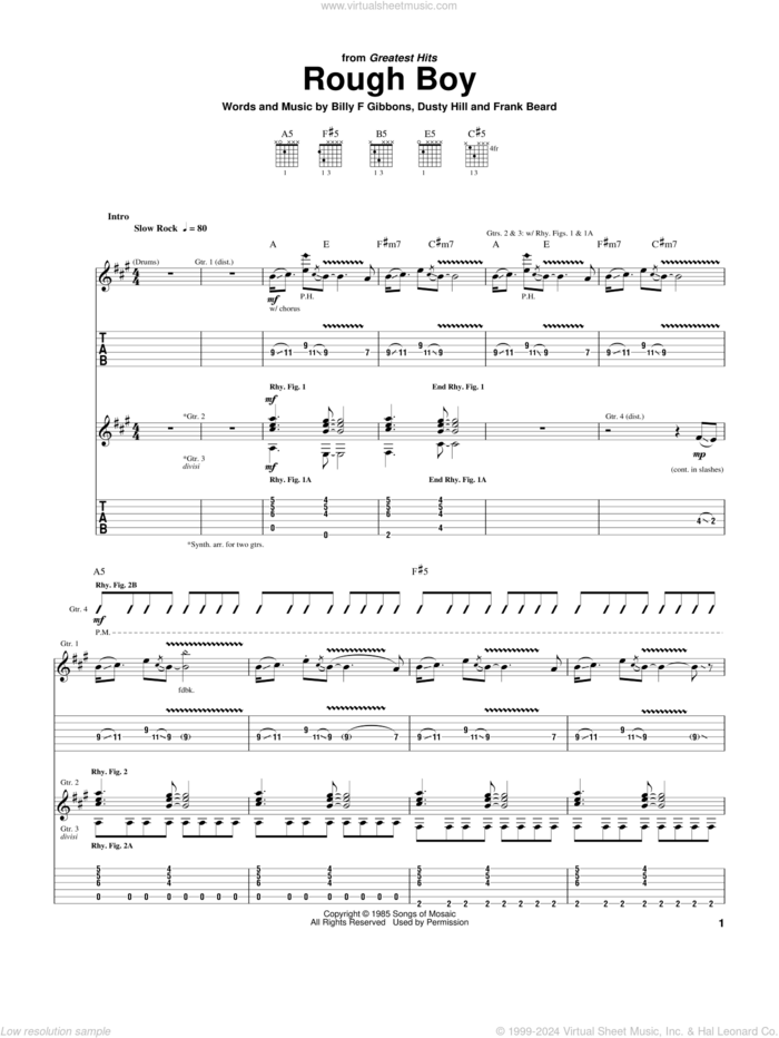 Rough Boy sheet music for guitar (tablature) by ZZ Top, Billy Gibbons, Dusty Hill and Frank Beard, intermediate skill level