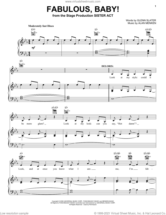 Fabulous, Baby! (from the musical Sister Act) sheet music for voice, piano or guitar by Alan Menken, Alan Menken & Glenn Slater and Glenn Slater, intermediate skill level