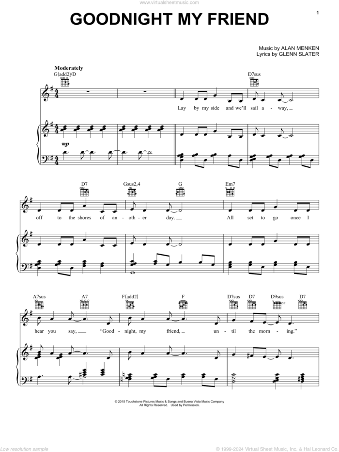 Goodnight My Friend (from Galavant) sheet music for voice, piano or guitar by Alan Menken, Alan Menken & Glenn Slater and Glenn Slater, intermediate skill level
