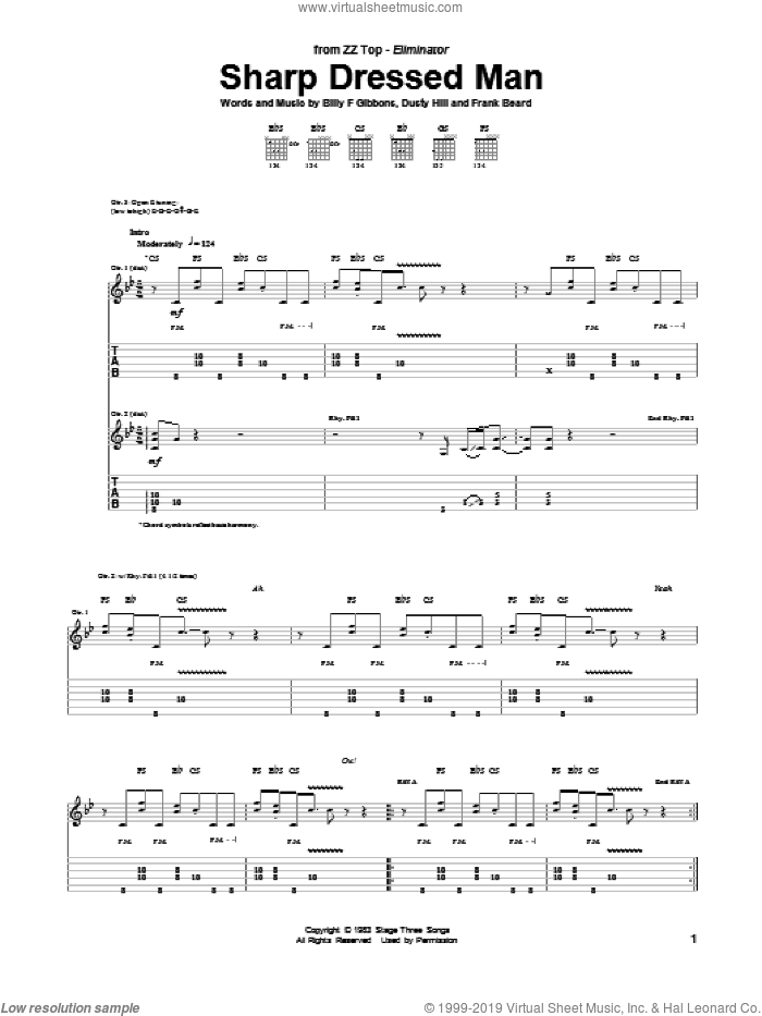 Sharp Dressed Man sheet music for guitar (tablature) by ZZ Top, Billy Gibbons, Dusty Hill and Frank Beard, intermediate skill level