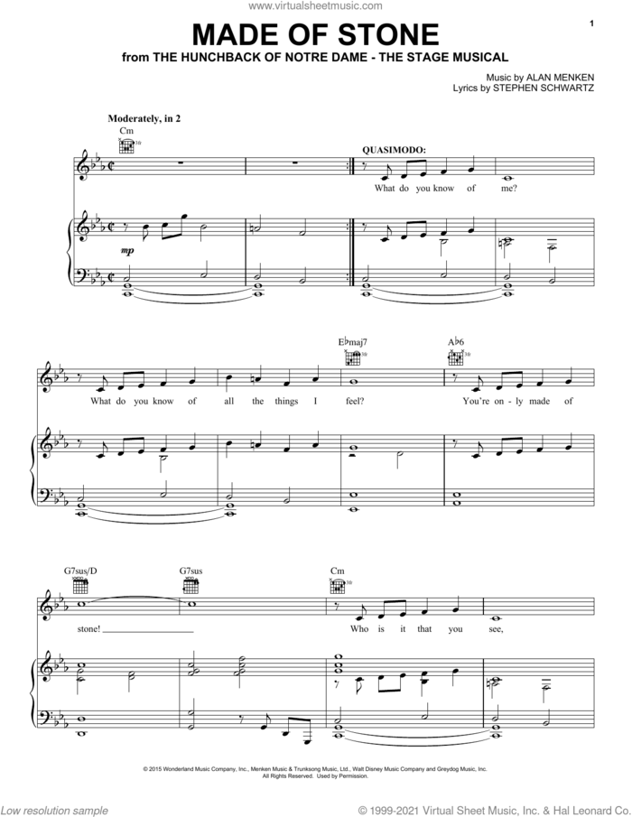 Made Of Stone (from the musical The Hunchback of Notre Dame) sheet music for voice, piano or guitar by Alan Menken, Alan Menken & Stephen Schwartz and Stephen Schwartz, intermediate skill level