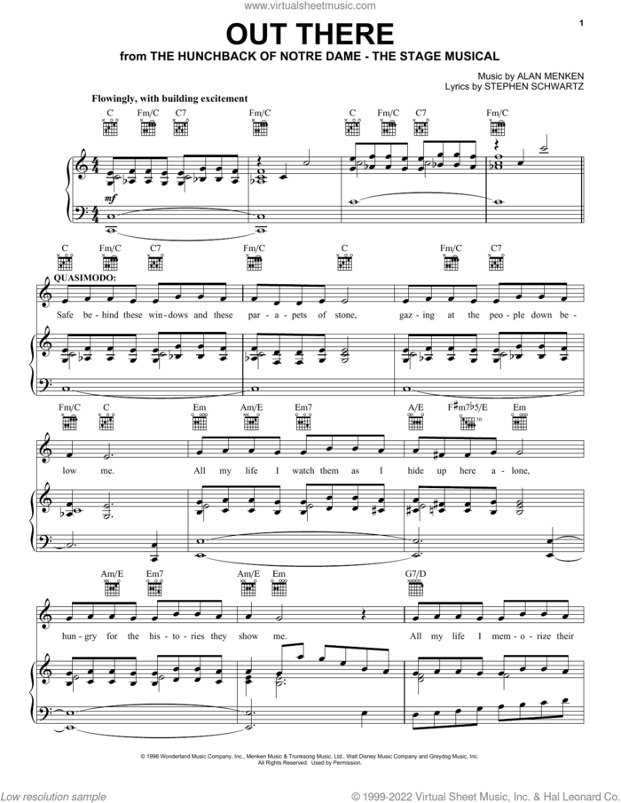 Out There (from The Hunchback Of Notre Dame: A New Musical) sheet music for voice, piano or guitar by Alan Menken, Alan Menken & Stephen Schwartz and Stephen Schwartz, intermediate skill level