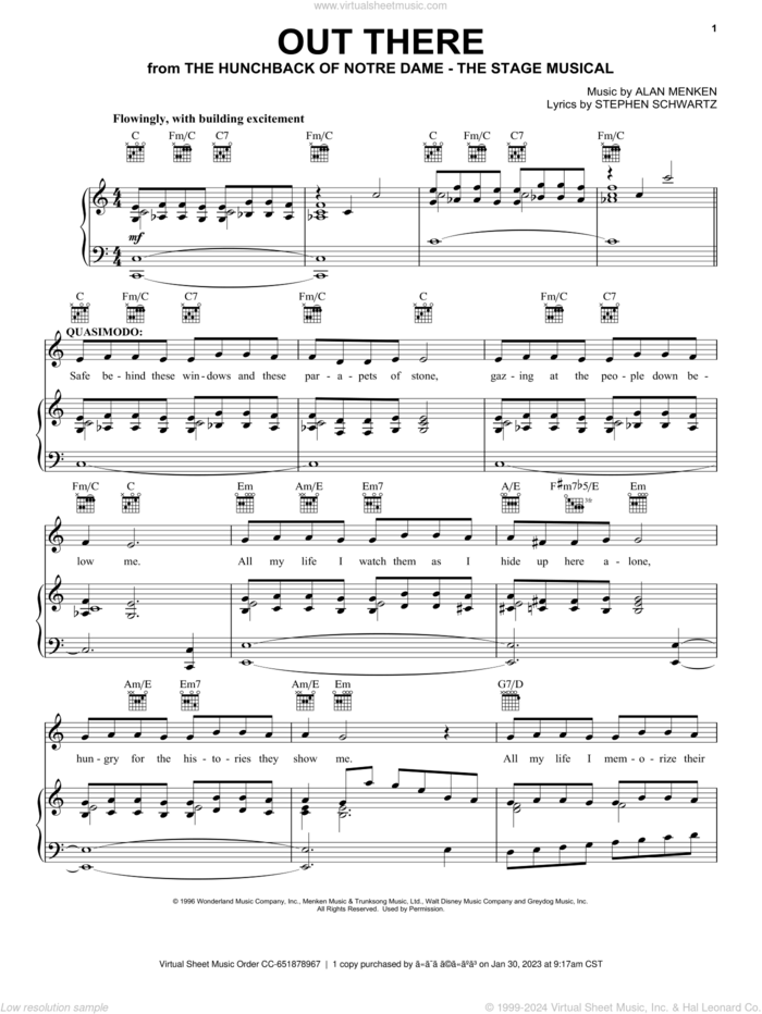 Out There (from The Hunchback Of Notre Dame: A New Musical) sheet music for voice, piano or guitar by Alan Menken, Alan Menken & Stephen Schwartz and Stephen Schwartz, intermediate skill level