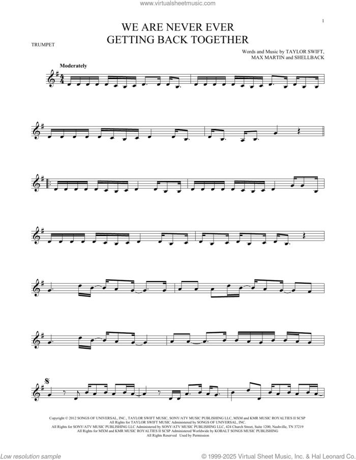 We Are Never Ever Getting Back Together sheet music for trumpet solo by Taylor Swift, Max Martin and Shellback, intermediate skill level