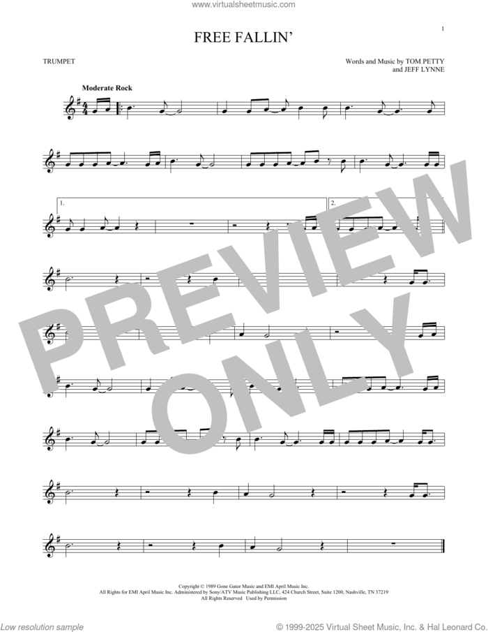 Free Fallin' sheet music for trumpet solo by Tom Petty and Jeff Lynne, intermediate skill level