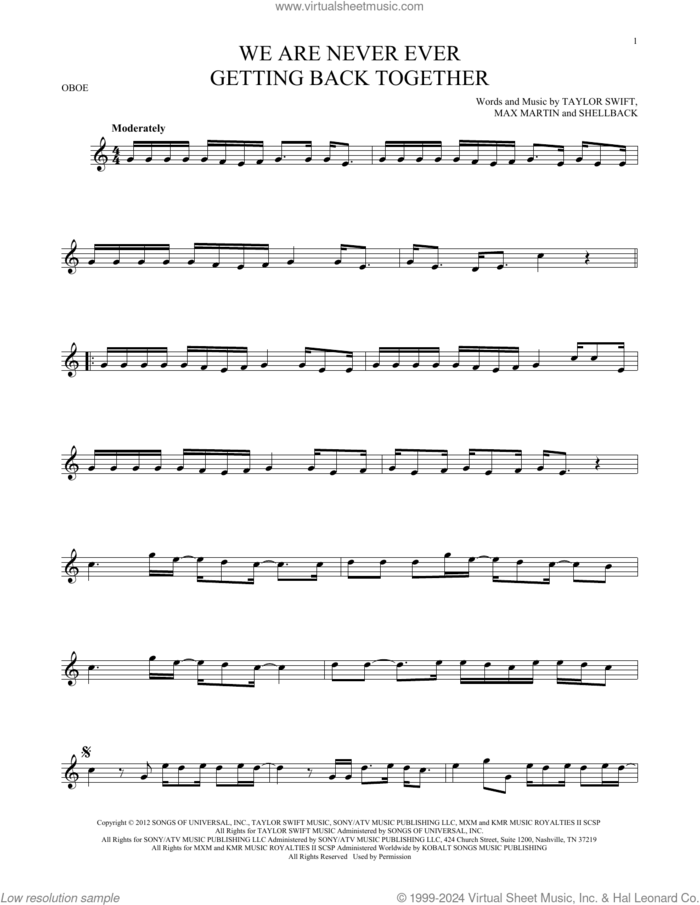 We Are Never Ever Getting Back Together sheet music for oboe solo by Taylor Swift, Max Martin and Shellback, intermediate skill level