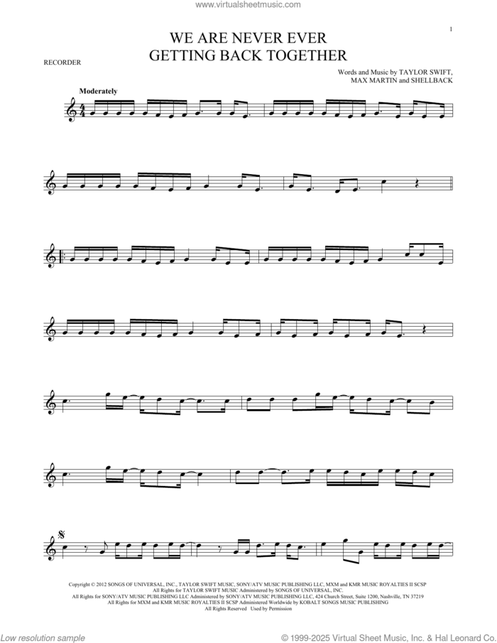 We Are Never Ever Getting Back Together sheet music for recorder solo by Taylor Swift, Max Martin and Shellback, intermediate skill level