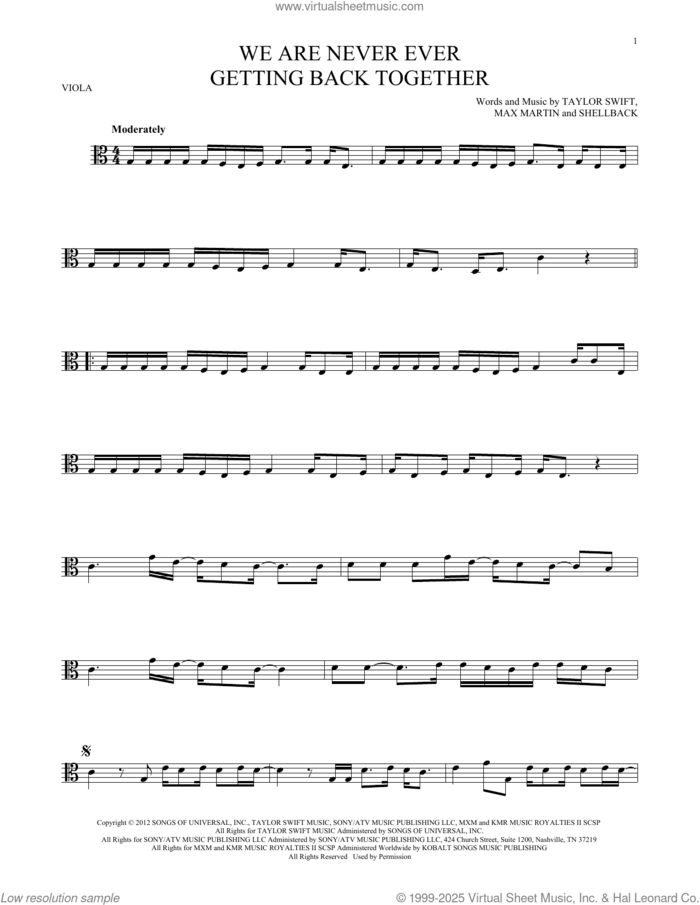 We Are Never Ever Getting Back Together sheet music for viola solo by Taylor Swift, Max Martin and Shellback, intermediate skill level